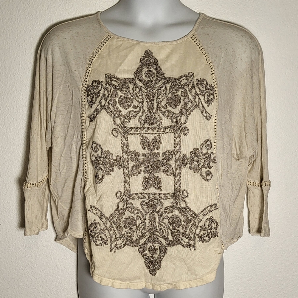 Anthropologie Cream Blouse with Brown Embroidered Medallion